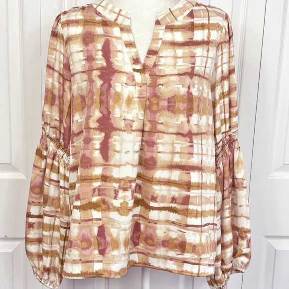Nine West Tan Multi Abstract V-Neck Smocked Sleeve Popover Top XL - Picture 1 of 16